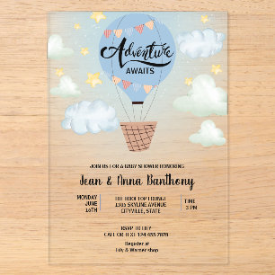 Invitations En Acrylique L'aventure Attend Ballon à Air Bleu Baby Shower
