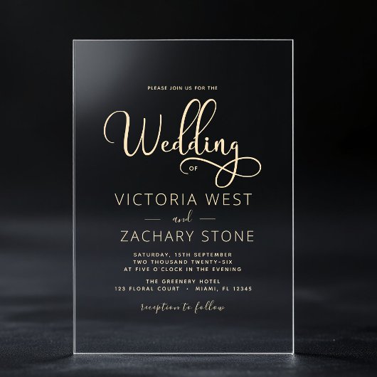 Invitations En Acrylique Le Mariage de Script de Mariage en Or