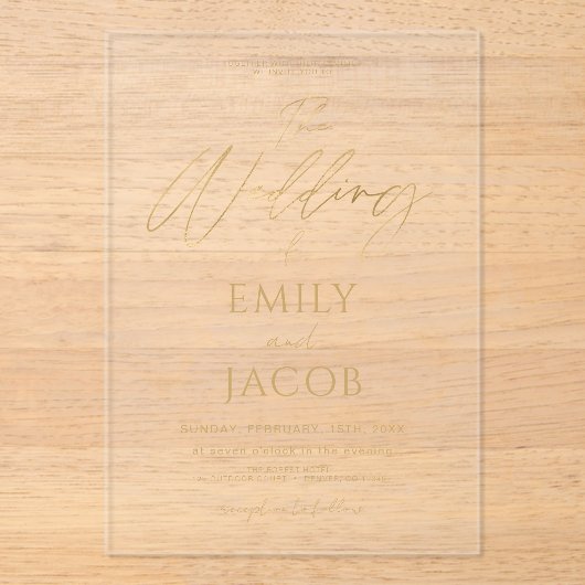 Invitations En Acrylique Le Mariage du script Mariage d'or (Recto)