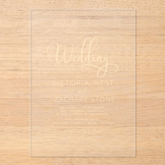 Invitations En Acrylique Le Mariage du script Mariage d'or (Recto)