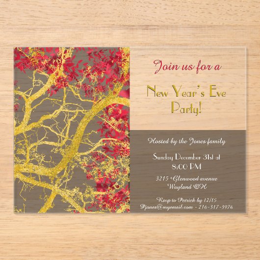 Invitations En Acrylique Le réveillon de la Saint-Sylvestre rouge feuille (Recto)