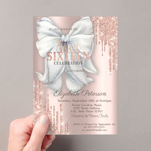 Invitations En Acrylique Lecteurs de Parties scintillant moderne Bow Rose G (In situ (ordinateur de poche))
