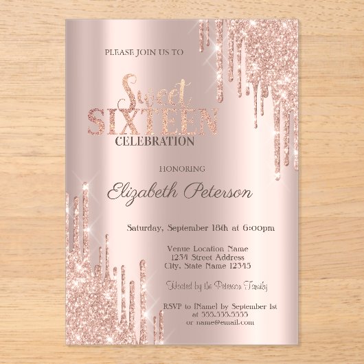 Invitations En Acrylique Lecteurs de Parties scintillant modernes Rose Gold (Recto)