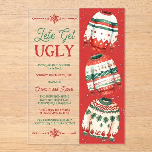Invitations En Acrylique Let's Get Ugly Christmas Sweater Party (Recto)