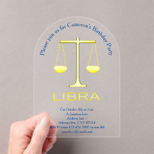 Invitations En Acrylique Libra Golden Scales Star Signal fête d'anniversair