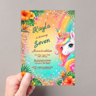 Invitations En Acrylique Licorne Arc-en-Ciel Tropical Fleurs Anniversaire F