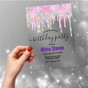 Invitations En Acrylique Licorne chic gouttes de monogramme pailleté annive