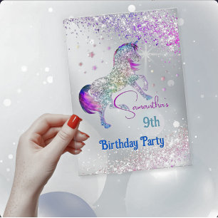 Invitations En Acrylique Licorne élégante rose aqua paillettes anniversaire
