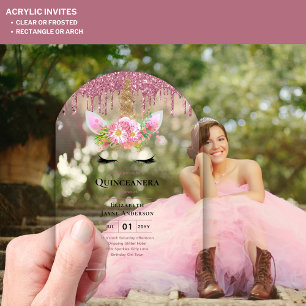 Invitations En Acrylique Licorne Rose de Quinceanera en Acrylique qui Dégou