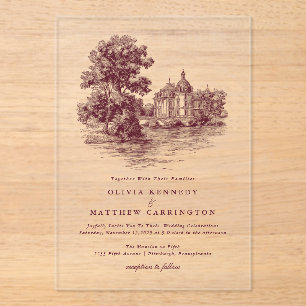 Invitations En Acrylique Lieu de réception Manoir Esthétique Argent Ancien 