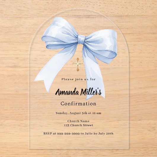 Invitations En Acrylique Light blue bow girl arch luxury Confirmation (Recto)