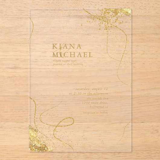 Invitations En Acrylique Lignes or fin Mariage Abstrait Transparent ID867 (Recto)