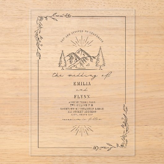 Invitations En Acrylique Line Art Mountain Floral Rustic Mariage (Recto)