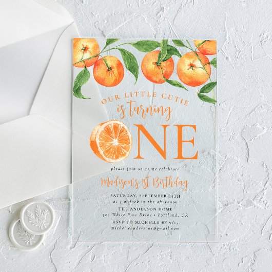 Invitations En Acrylique Little Cutie Aquarelle Oranges 1er Anniversaire