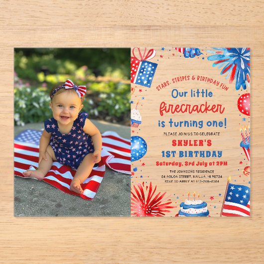 Invitations En Acrylique Little Firecracker 4 juillet 1ère fête d'anniversa (Recto)