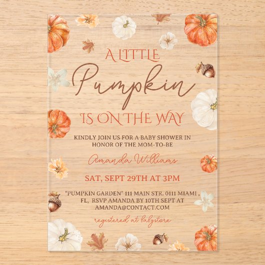 Invitations En Acrylique Little Pumpkin Floral Fall Baby Shower (Recto)