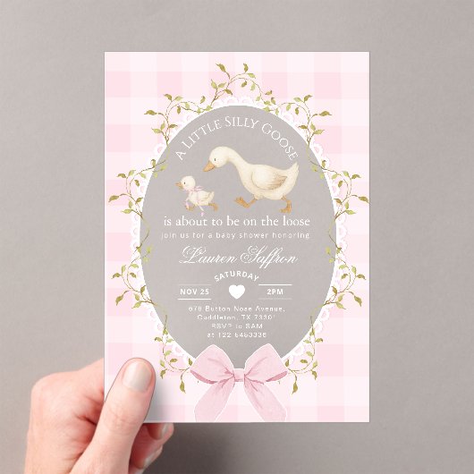 Invitations En Acrylique Little Silly Goose Baby Shower Pink Gingham (In situ (ordinateur de poche))