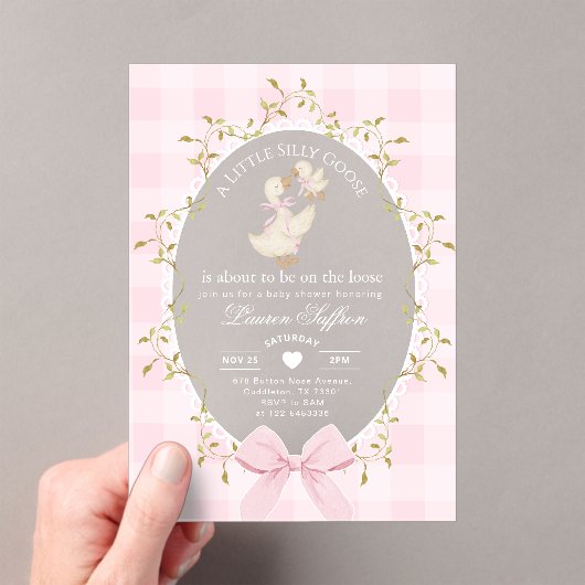 Invitations En Acrylique Little Silly Goose Baby Shower Pink Gingham (In situ (ordinateur de poche))