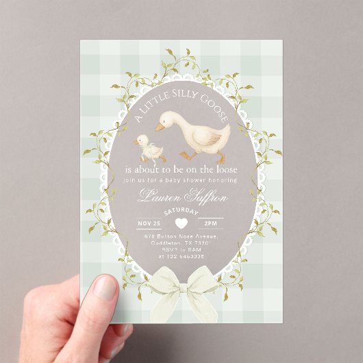 Invitations En Acrylique Little Silly Goose Baby Shower Sage Gingham (In situ (ordinateur de poche))