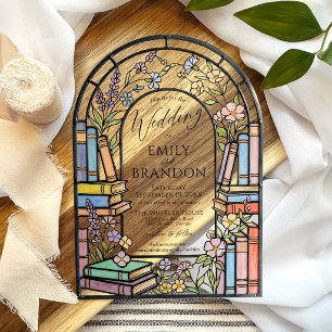 Invitations En Acrylique Livres Floraux Élégant Mariage en Verre Cathédrale