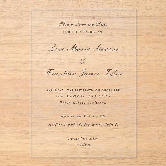 Invitations En Acrylique Lori Mariage formel élégant Enregistrer la date (Recto)