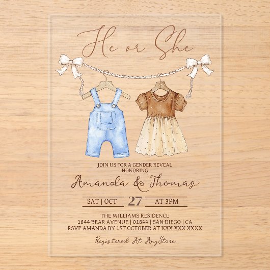 Invitations En Acrylique Lui ou elle Bébé Vêtements Révélation de genre (Recto)
