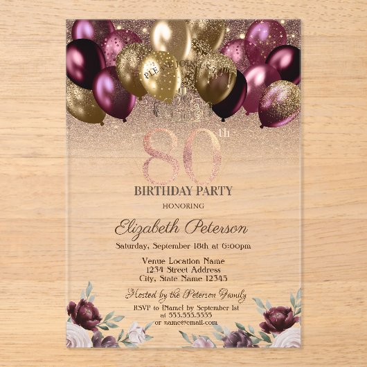 Invitations En Acrylique Lumières, Ballons de Parties scintillant Bourgogne (Recto)