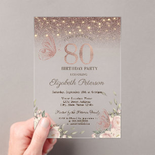 Invitations En Acrylique Lumières,Fleurs Paillettes Papillons 80e Anniversa