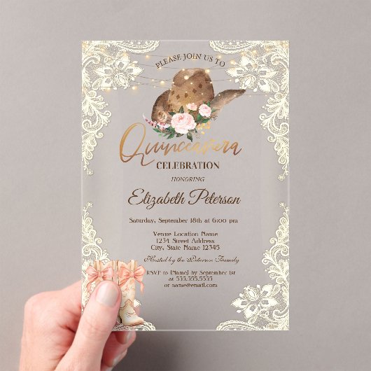 Invitations En Acrylique Lumières rustiques Dentelles Cowboy Casquette Bott (In situ (ordinateur de poche))