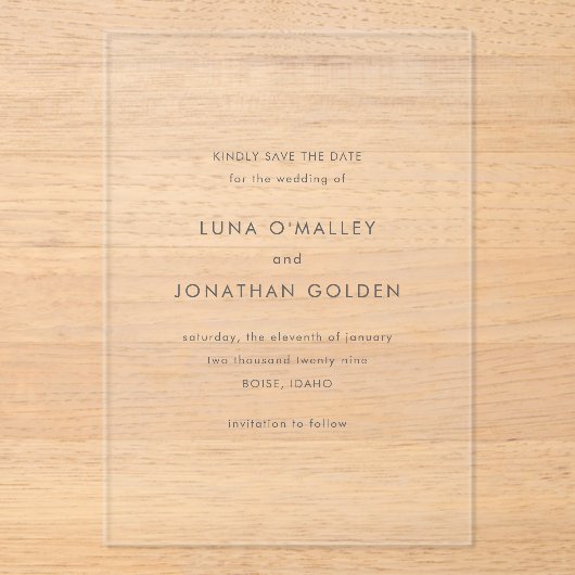 Invitations En Acrylique Luna Mariage moderne Enregistrer la date (Recto)