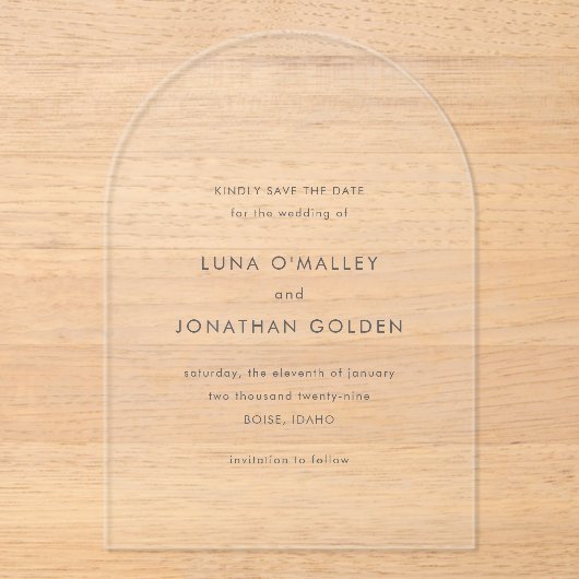 Invitations En Acrylique Luna Mariage moderne Enregistrer la date (Recto)