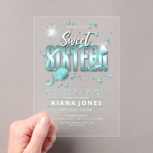 Invitations En Acrylique Lune et étoiles Sweet 16 Turquoise/noir ID788 (In situ (ordinateur de poche))