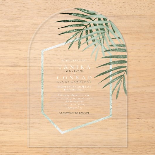Invitations En Acrylique Lush Palm Leaf Mariage Moss Green ID956 (Recto)