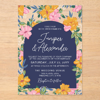 Invitations En Acrylique Lush Pink Yellow Flowers Dark Blue Wedding