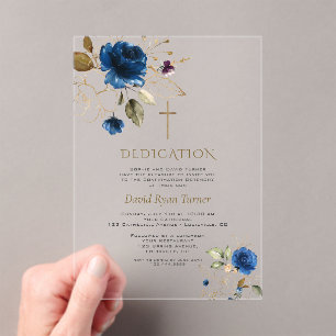 Invitations En Acrylique Luxe Blue Gold Flowers Boy Dedication