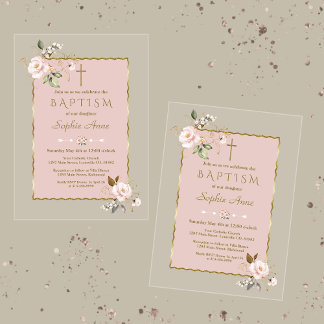Invitations En Acrylique Luxe Blush rose Or Fleurs Fille Baptême