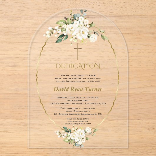 Invitations En Acrylique Luxe Fleurs blanches Gold Boy Dedication (Recto)