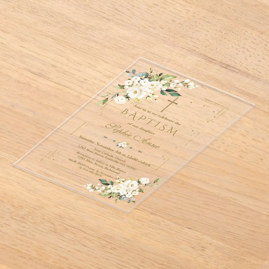 Invitations En Acrylique Luxe Fleurs Blanches Parties scintillant Or Cadre  (Poser)