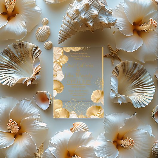 Invitations En Acrylique Luxueux Mariage acrylique Pearl et Gold Seashell