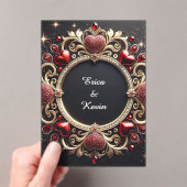 Invitations En Acrylique Luxurious Wedding Gold Frame With Red Hearts (In situ (ordinateur de poche))