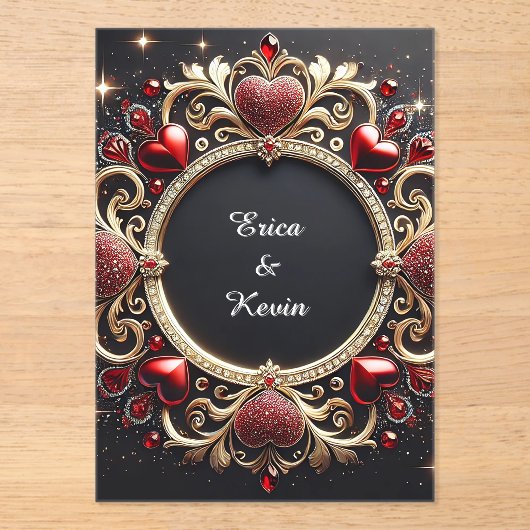 Invitations En Acrylique Luxurious Wedding Gold Frame With Red Hearts (Recto)