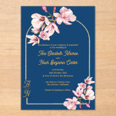 Invitations En Acrylique Luxury Navy Blue Gold Arch Magnolia Wedding (Recto)