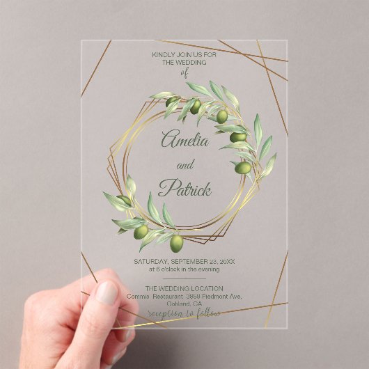 Invitations En Acrylique Luxury Olive Branch Geometric Gold Wedding (In situ (ordinateur de poche))