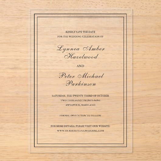 Invitations En Acrylique Lynnea Simple mariage élégant Enregistrer la date (Recto)