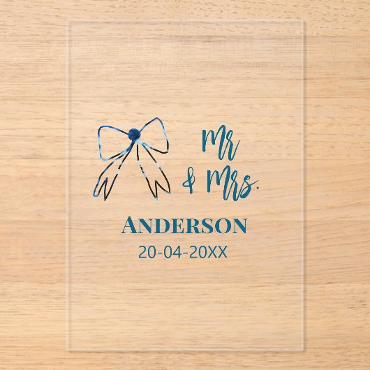 Invitations En Acrylique M. & Mme ajouter nom date mariage faveur arc bleu (Recto)