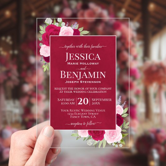 Invitations En Acrylique Magenta & Pink Boho Roses Stylish Text Wedding