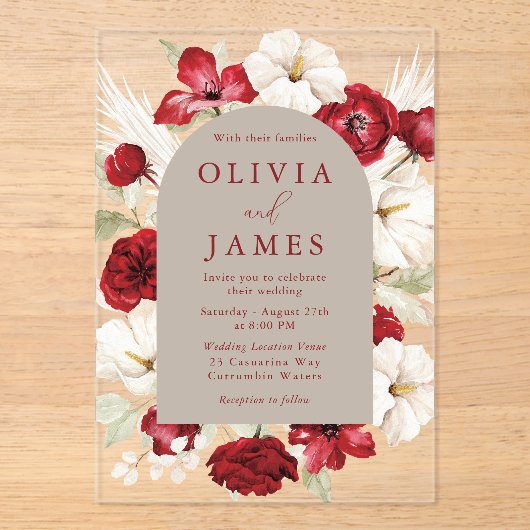 Invitations En Acrylique Magnifique Mariage de cadre romantique Ruby Rouge (Recto)