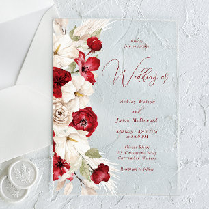 Invitations En Acrylique Magnifique Script moderne Rouge & Blanc Floral Mar