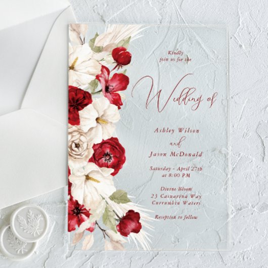 Invitations En Acrylique Magnifique Script moderne Rouge & Blanc Floral Mar