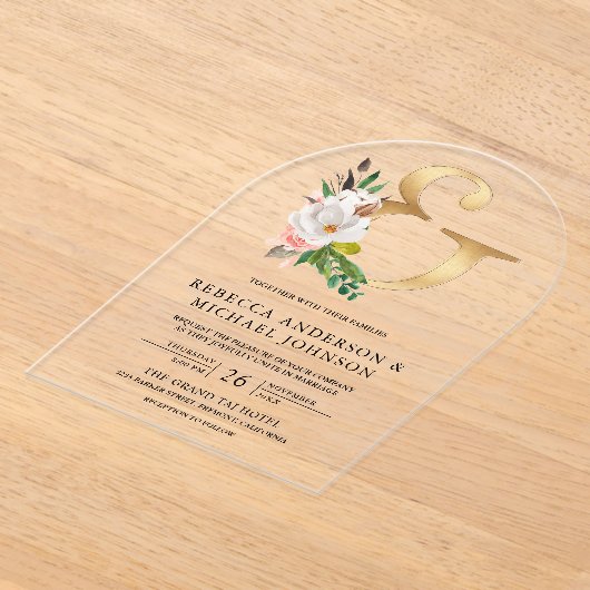 Invitations En Acrylique Magnolia Floral Gold Ampersand Wedding (Poser)